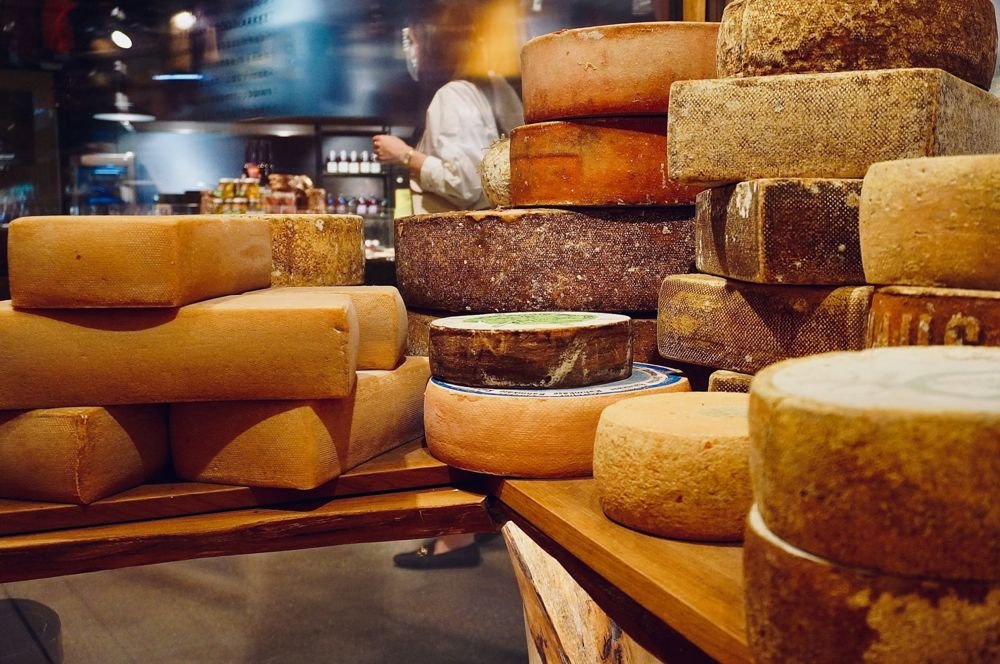 Artisan cheeses in a shop