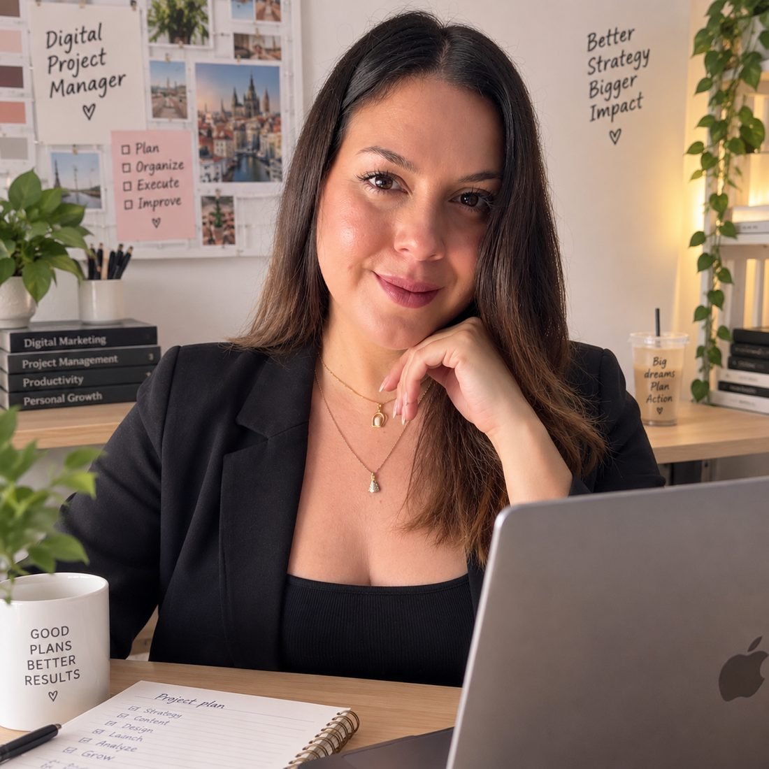 Patricia Lugo at her desk with her project plan