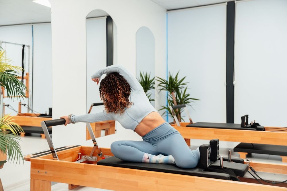 Reformer class in a pilates studio